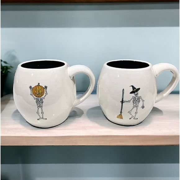 RAE DUNN Halloween Mugs Set of 2 Candy Corn Broom Witch Skeleton Pumpkin Head - Picture 1 of 9